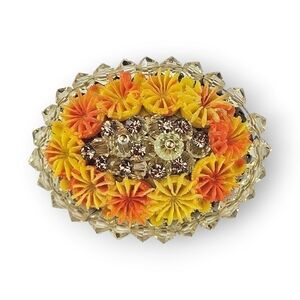 Vintage Domed Cluster Bead Brooch Wired Orange Yellow Flower Crystal Oval Pin 2"